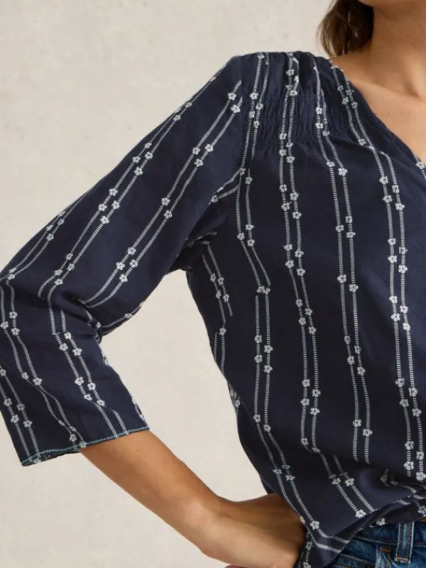 Rae Organic V Neck Cotton Top in NAVY MULTI<White Stuff Sale