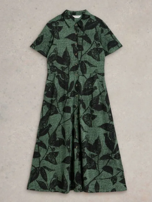 Rua Jersey Shirt Dress Midi in GREEN PRINT<White Stuff Fashion