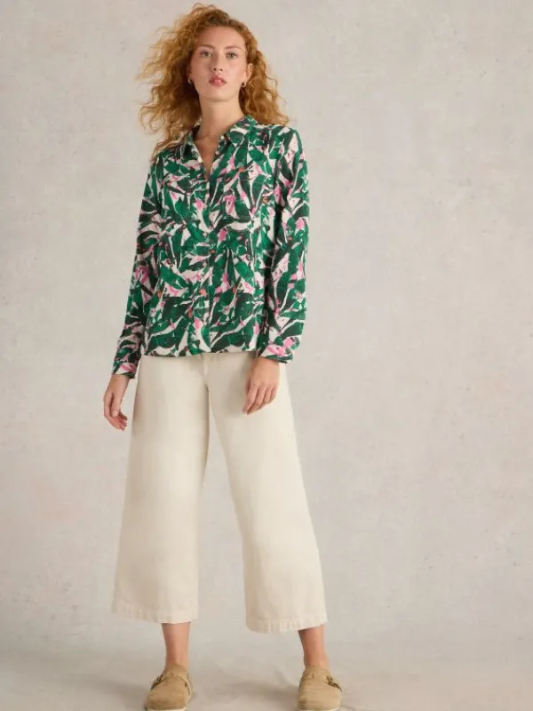 Sophie Organic Cotton Long Sleeve Shirt in GREEN PRINT<White Stuff Hot
