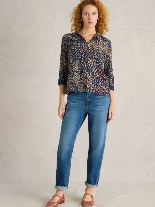 Sophie Organic Cotton Long Sleeve Shirt in NAVY PRINT<White Stuff Best