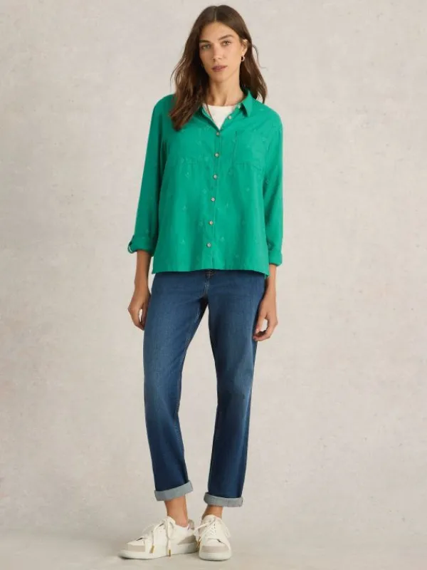 Sophie Organic Cotton Long Sleeve Shirt in BRIGHT GREEN<White Stuff Outlet