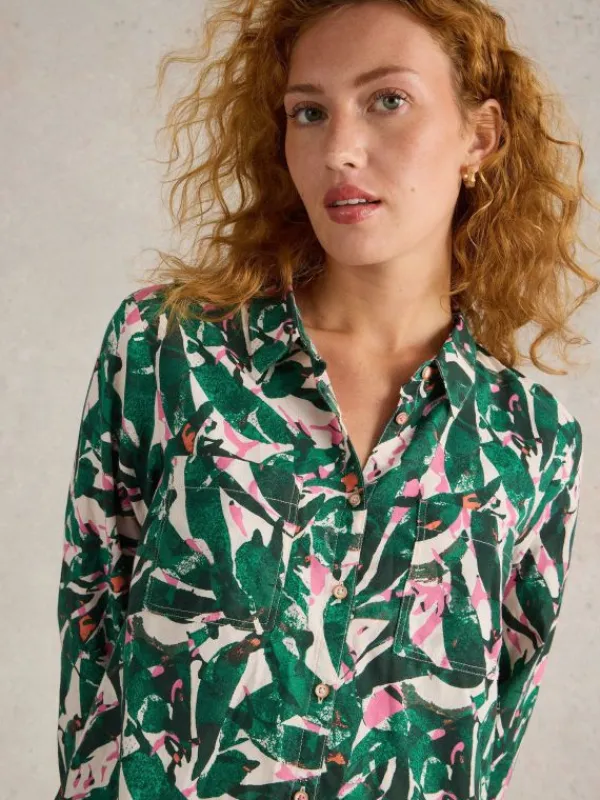 Sophie Organic Cotton Long Sleeve Shirt in GREEN PRINT<White Stuff Hot