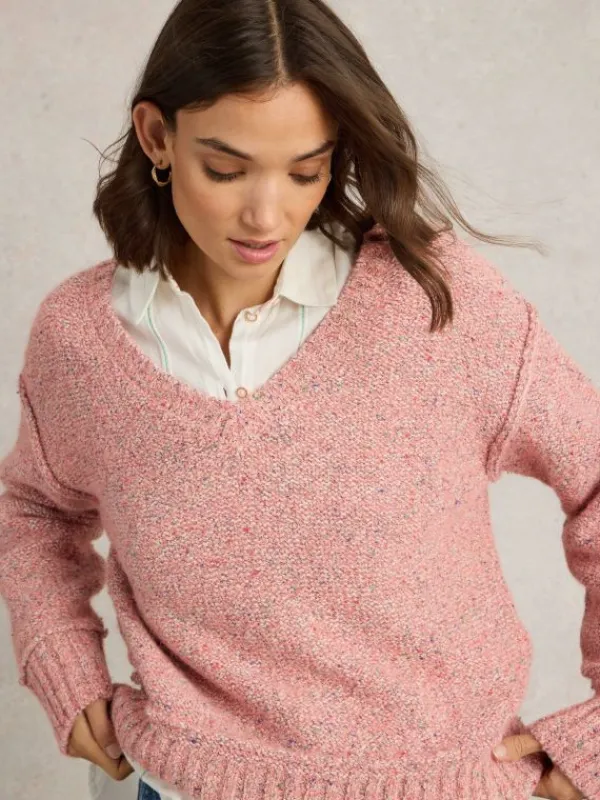 TAMMY TEXTURED V NECK in LIGHT PINK<White Stuff Clearance