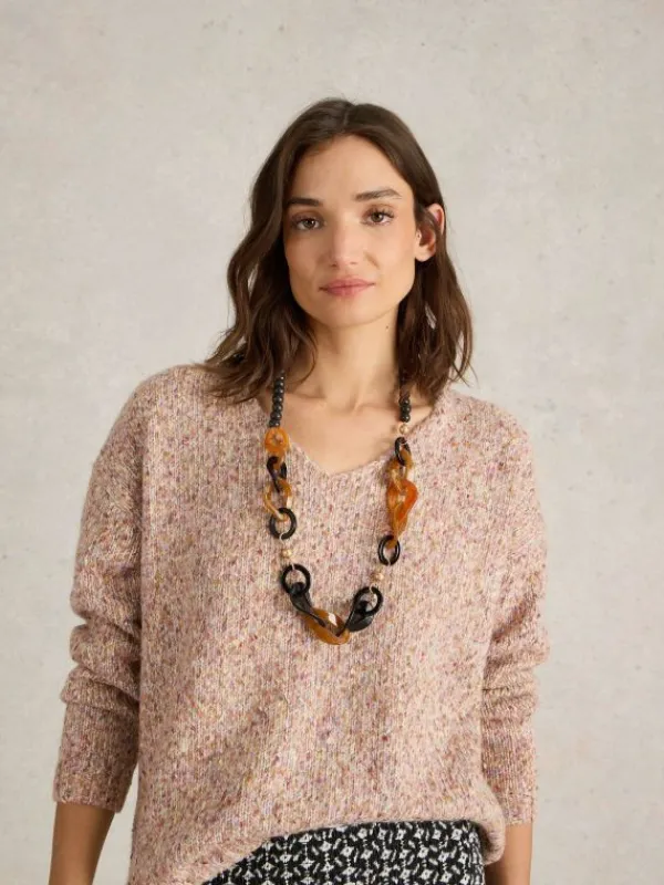 TEXTURED V NECK JUMPER  in NATURAL MULTI<White Stuff Discount