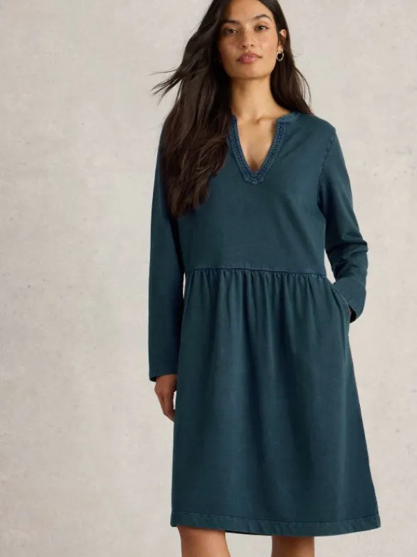 Thea Denim Jersey Dress in MID DENIM<White Stuff Online
