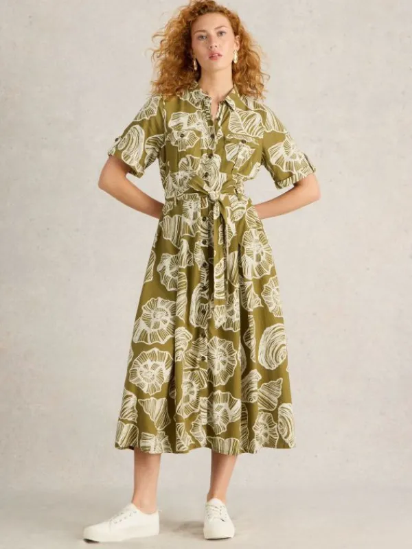 Tiff Linen Blend Shirt Dress in GREEN PRINT<White Stuff Clearance