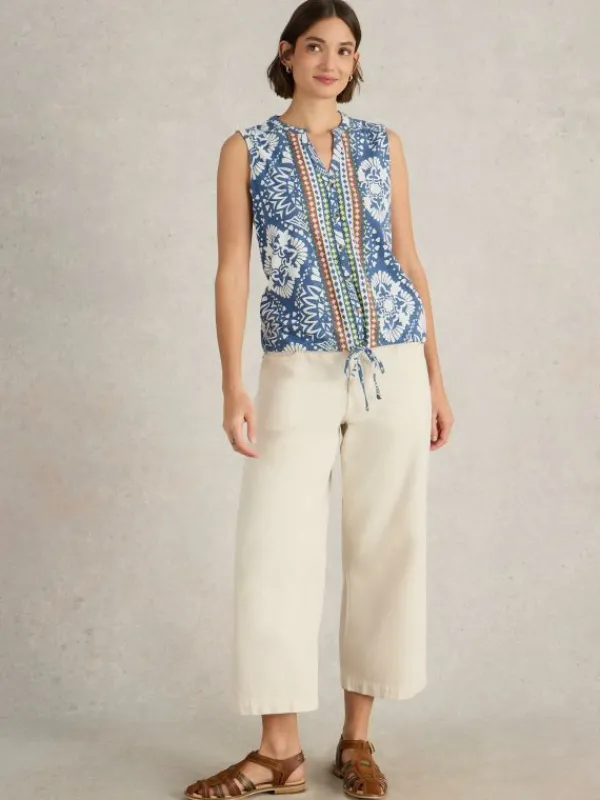 TULIP COLLARED SLEEVELESS SHIRT in BLUE PRINT<White Stuff Online