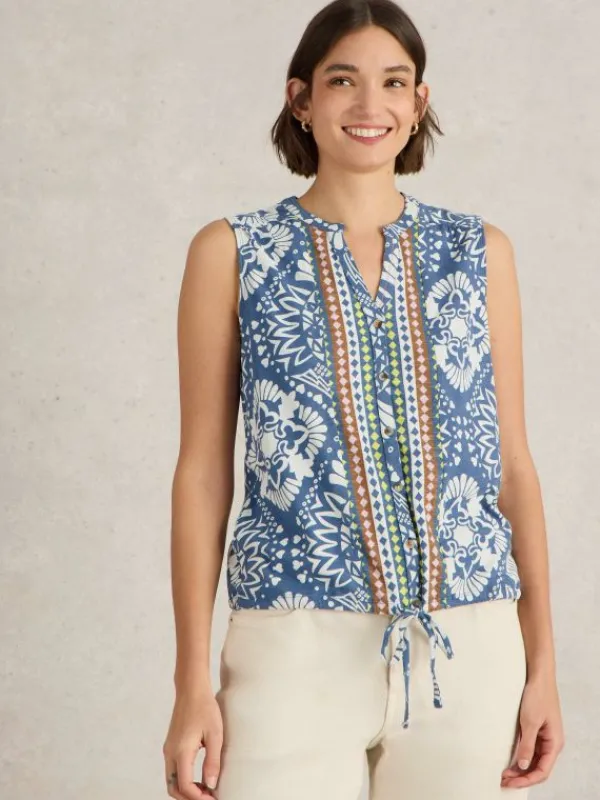 TULIP COLLARED SLEEVELESS SHIRT in BLUE PRINT<White Stuff Online