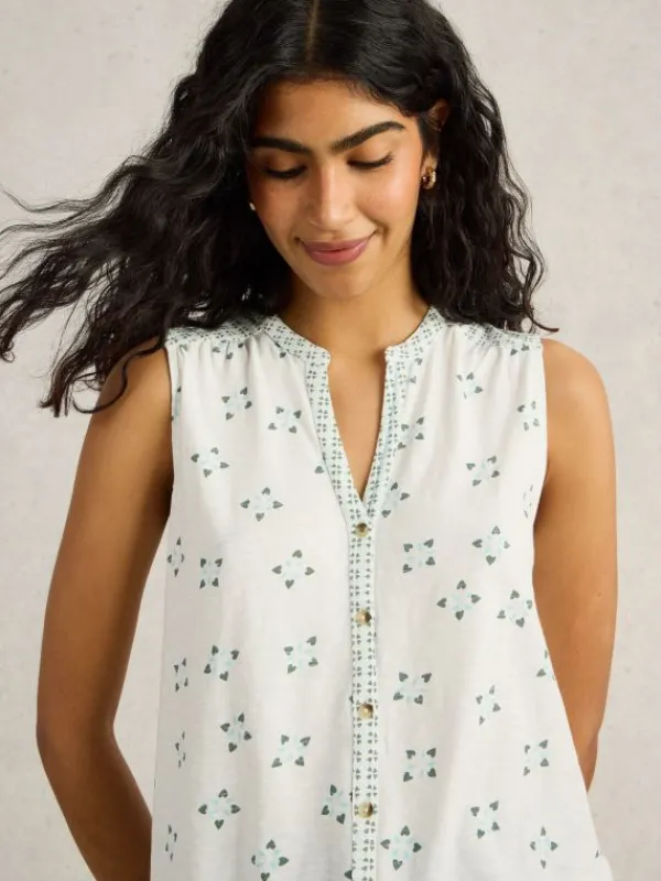 TULIP COLLARED SLEEVELESS SHIRT in WHITE PRINT<White Stuff Online