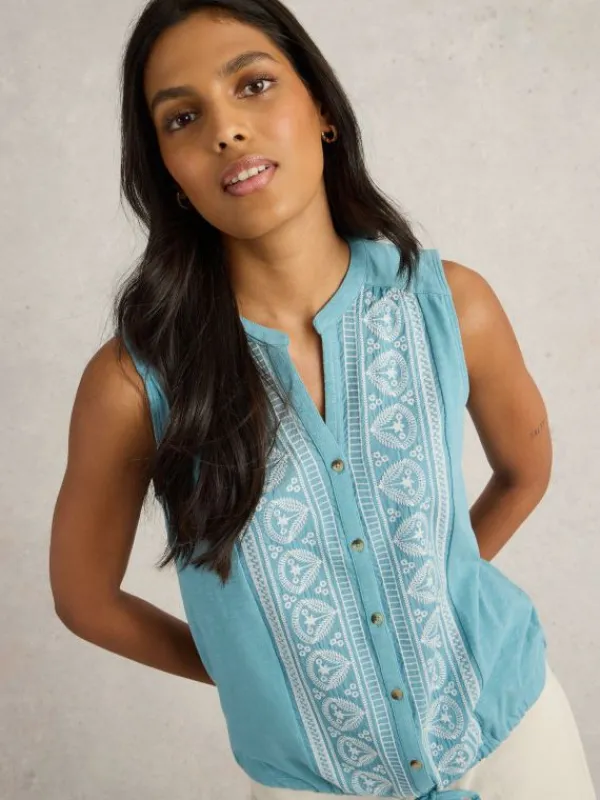 TULIP SLEEVELESS SHIRT in MID BLUE<White Stuff Best