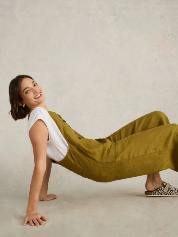 Viola Sleeveless Linen Dungaree in KHAKI GREEN<White Stuff Hot