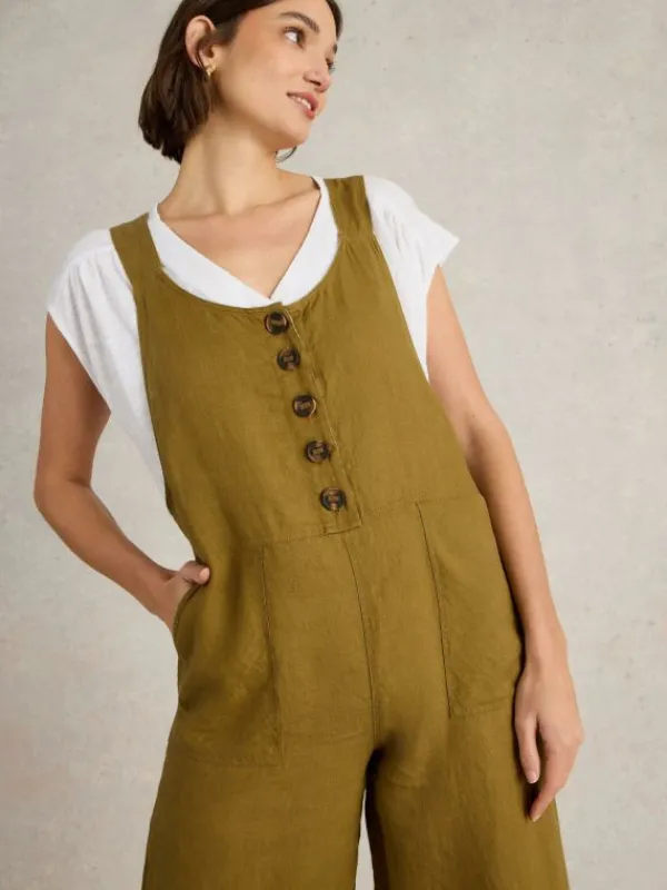 Viola Sleeveless Linen Dungaree in KHAKI GREEN<White Stuff Hot